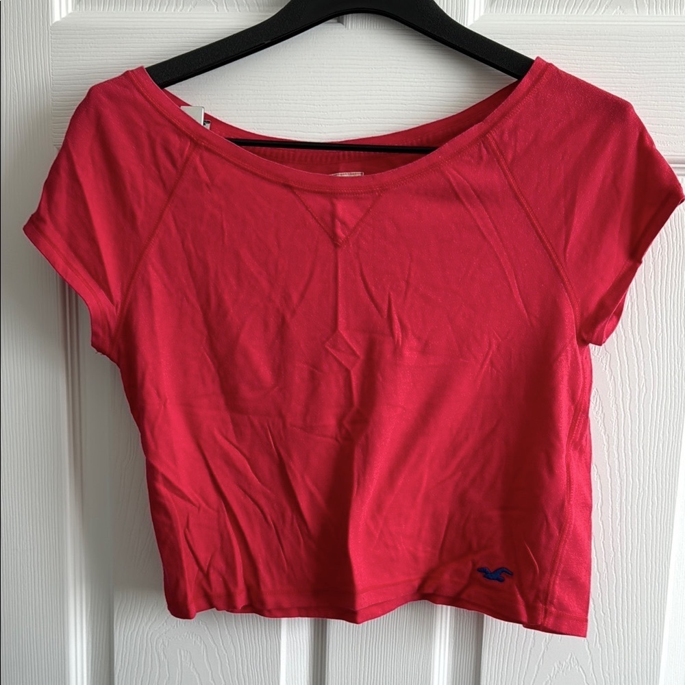 Hollister Coral Cap Sleeve Crop Wide Neck Boxy T-Shirt
